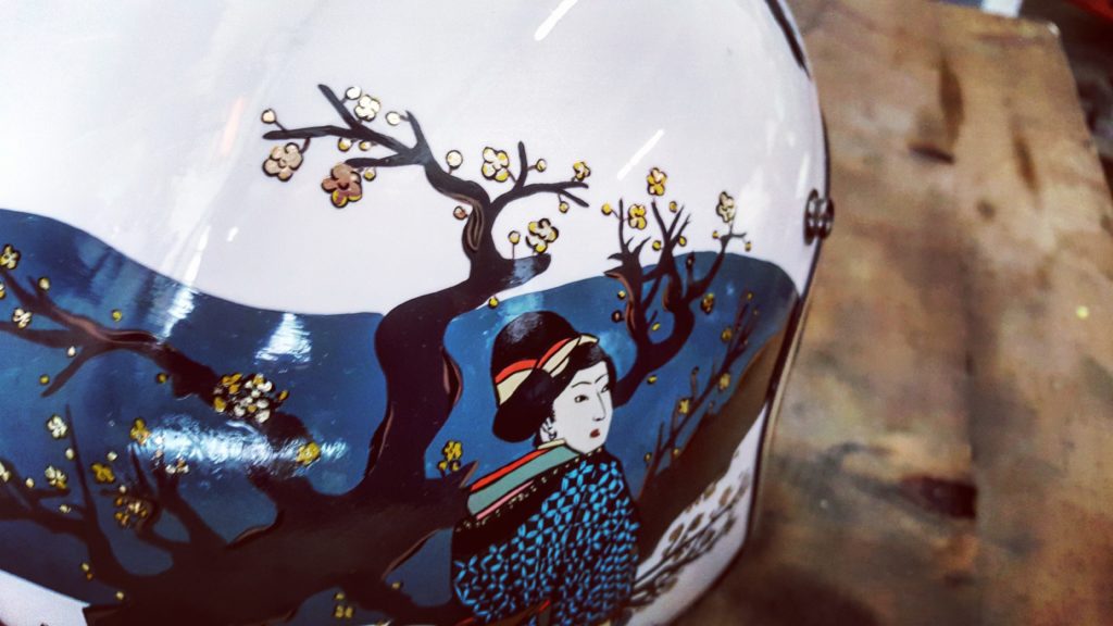 Unique painting for custom motorcycle helmet inspired by japanese art