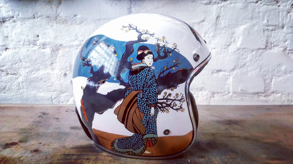 Unique painting for custom motorcycle helmet inspired by japanese art