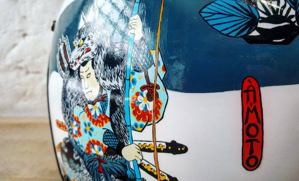 Unique painting for custom motorcycle helmet inspired by japanese art